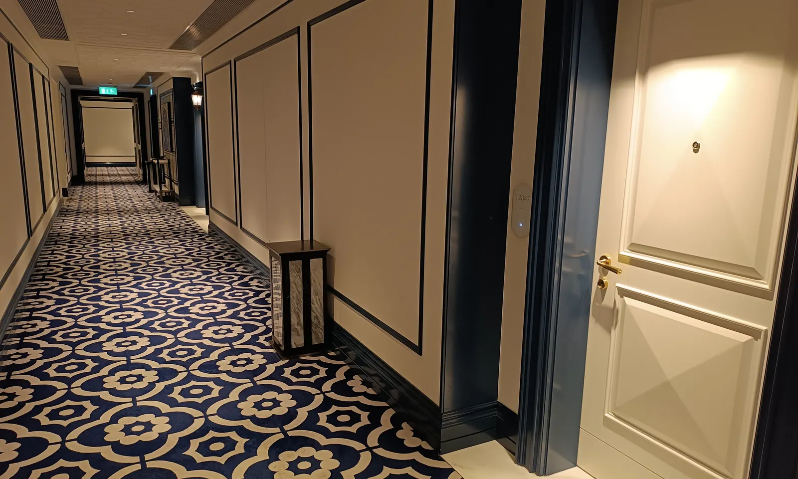 Bir otel koridorunda desenli halı ve oda kapıları
